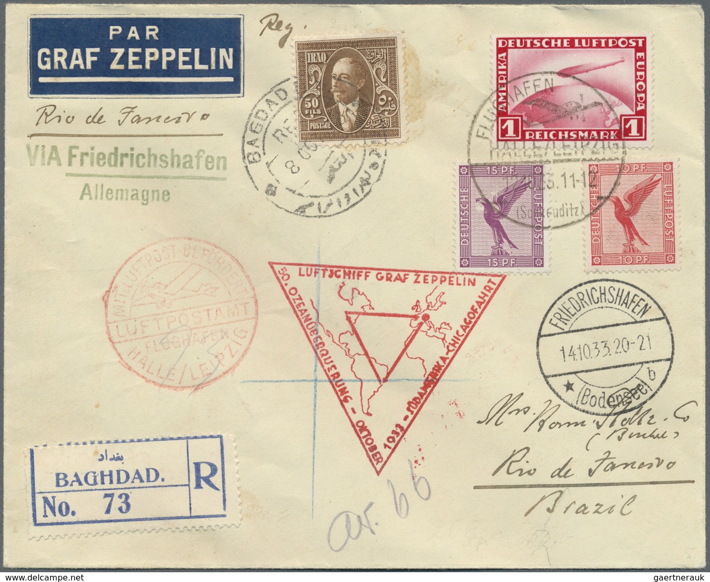 Br Zeppelinpost Übersee: 1933, 50. Ozeanüberquerung Zuleitungspost Aus Bagdad Irak Frankiert Mit 150 F. - Zeppelins