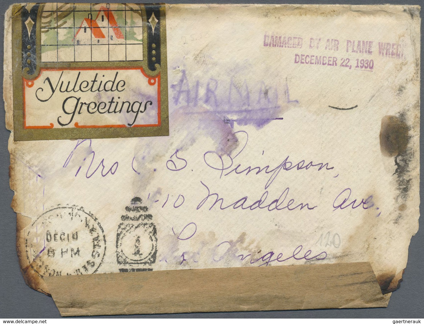 Br Katastrophenpost: USA: 1930, Crash Mail From Long Island/N.Y. To Los Angeles With Violet Two-liner " - Andere & Zonder Classificatie