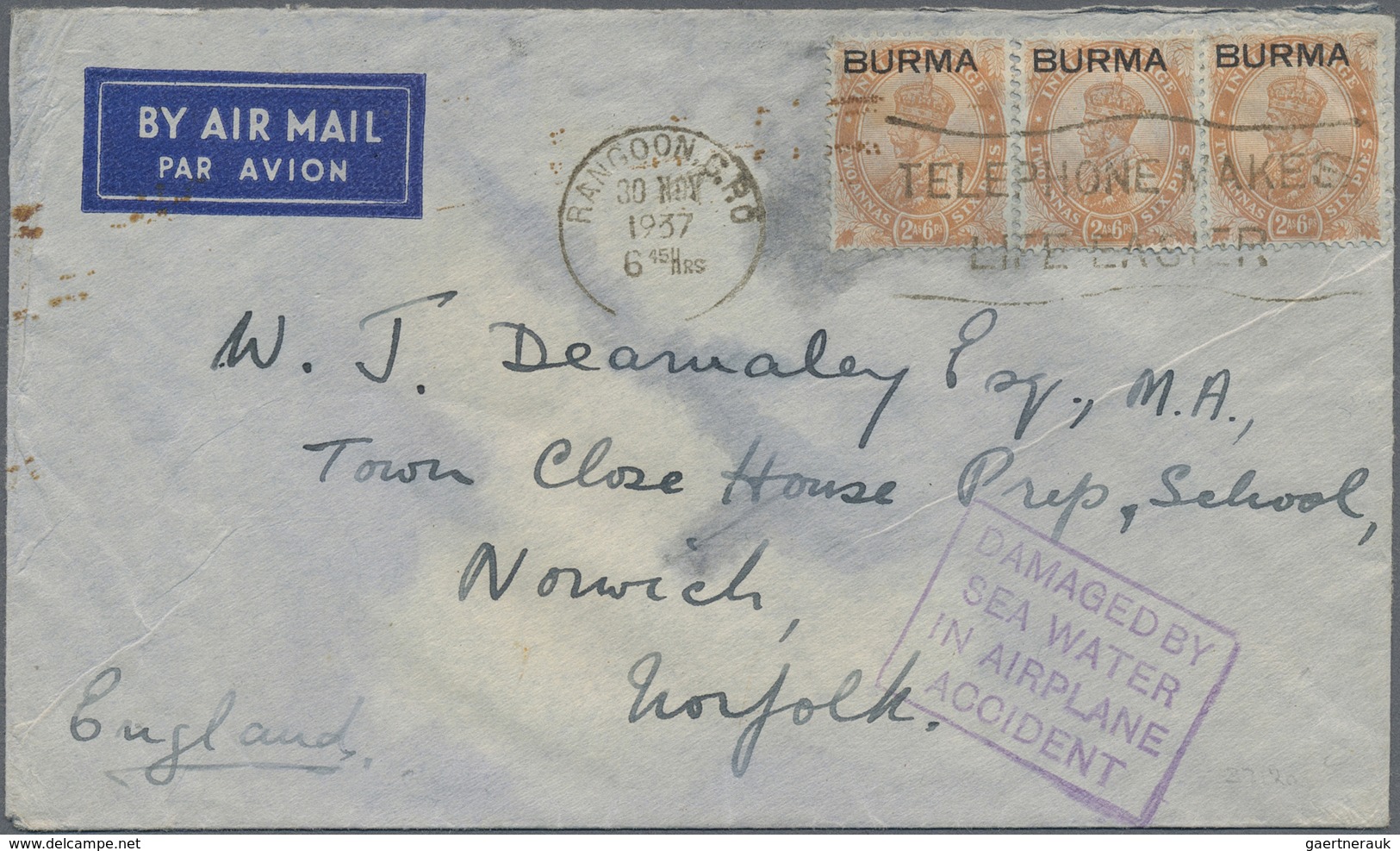 Br Katastrophenpost: 1937. Air Mail Envelope Addressed To Norfolk, England Bearing Burma SG 6, 2a6p Ora - Andere & Zonder Classificatie