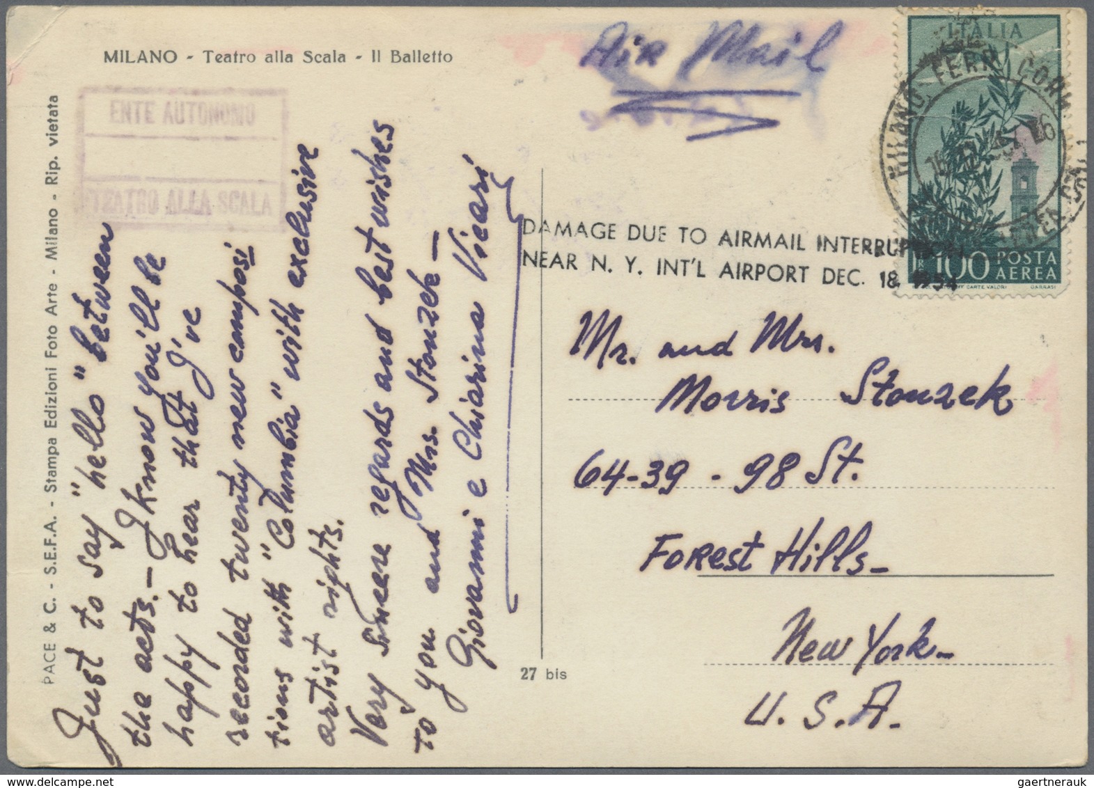 Katastrophenpost: 1954 (18 Dec.) Air Crash NY Airport: Picture Card Handwritten By Giovanni Vicari ( - Andere & Zonder Classificatie