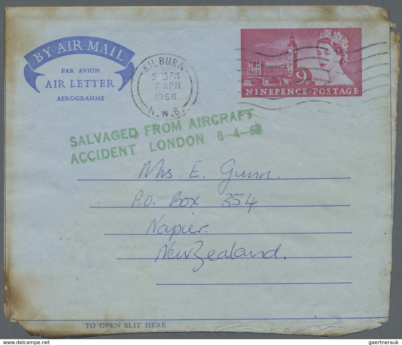 GA Katastrophenpost: 1968 (7.4.), GREAT BRITAIN: Burnt Airletter QEII 9d. Used From Kilburn To Napier/N - Andere & Zonder Classificatie