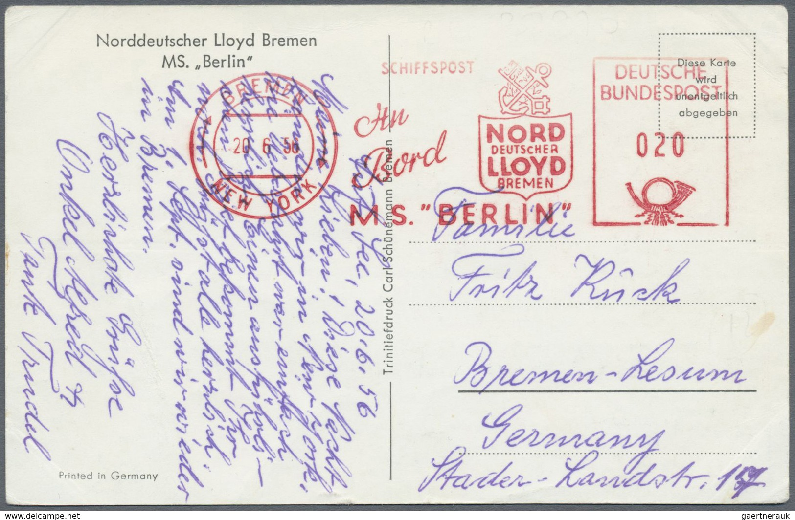 Schiffspost Deutschland: 1956: MS BERLIN Norddeutscher Lloyd Bremen -> New York, 20.06.1956, Absende - Lettres & Documents