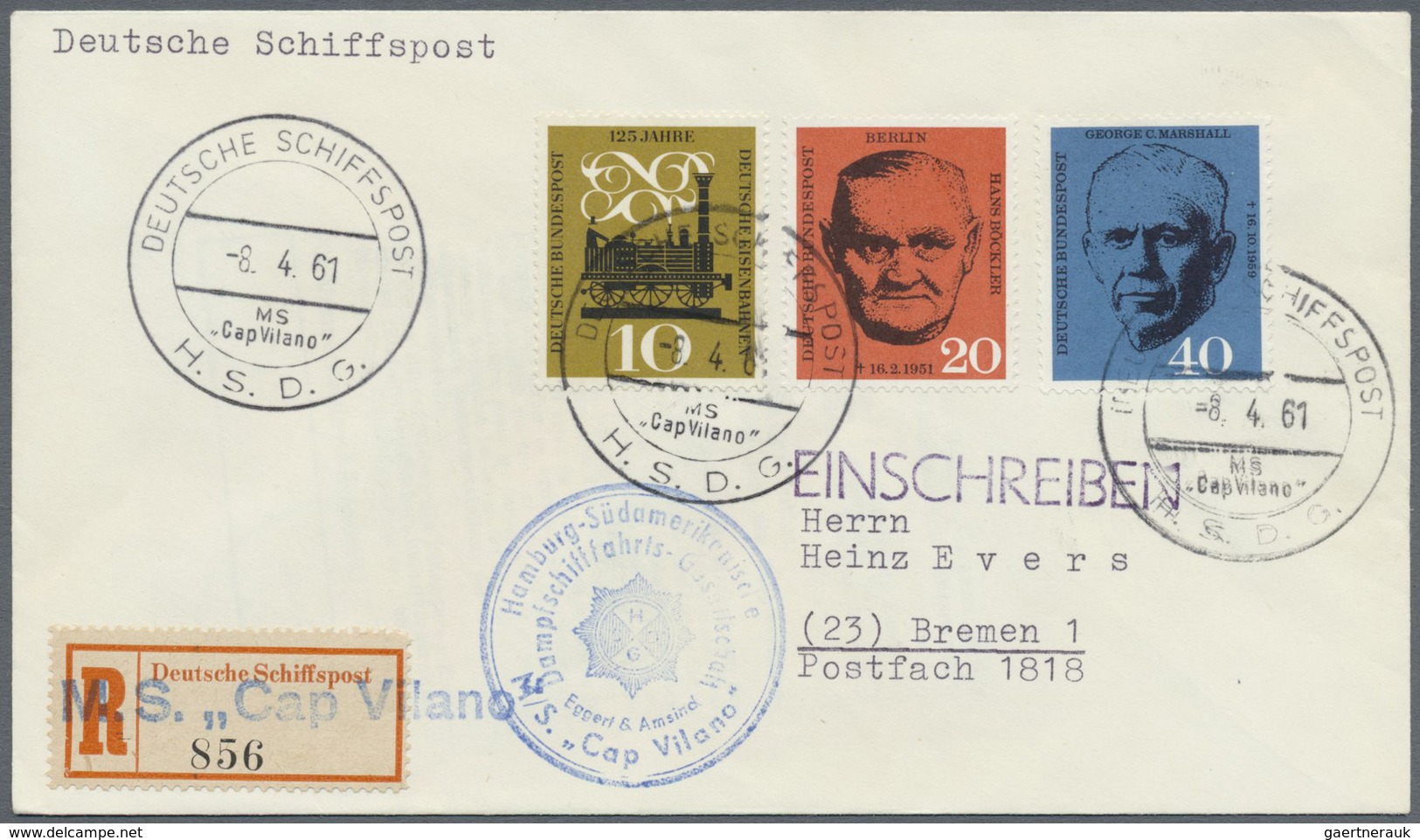 Br Schiffspost Deutschland: 1961: MS CAP VILANO Hamburg Süd H.S.D.G., 8.4.1961 Sauber Auf Einschreibbri - Storia Postale