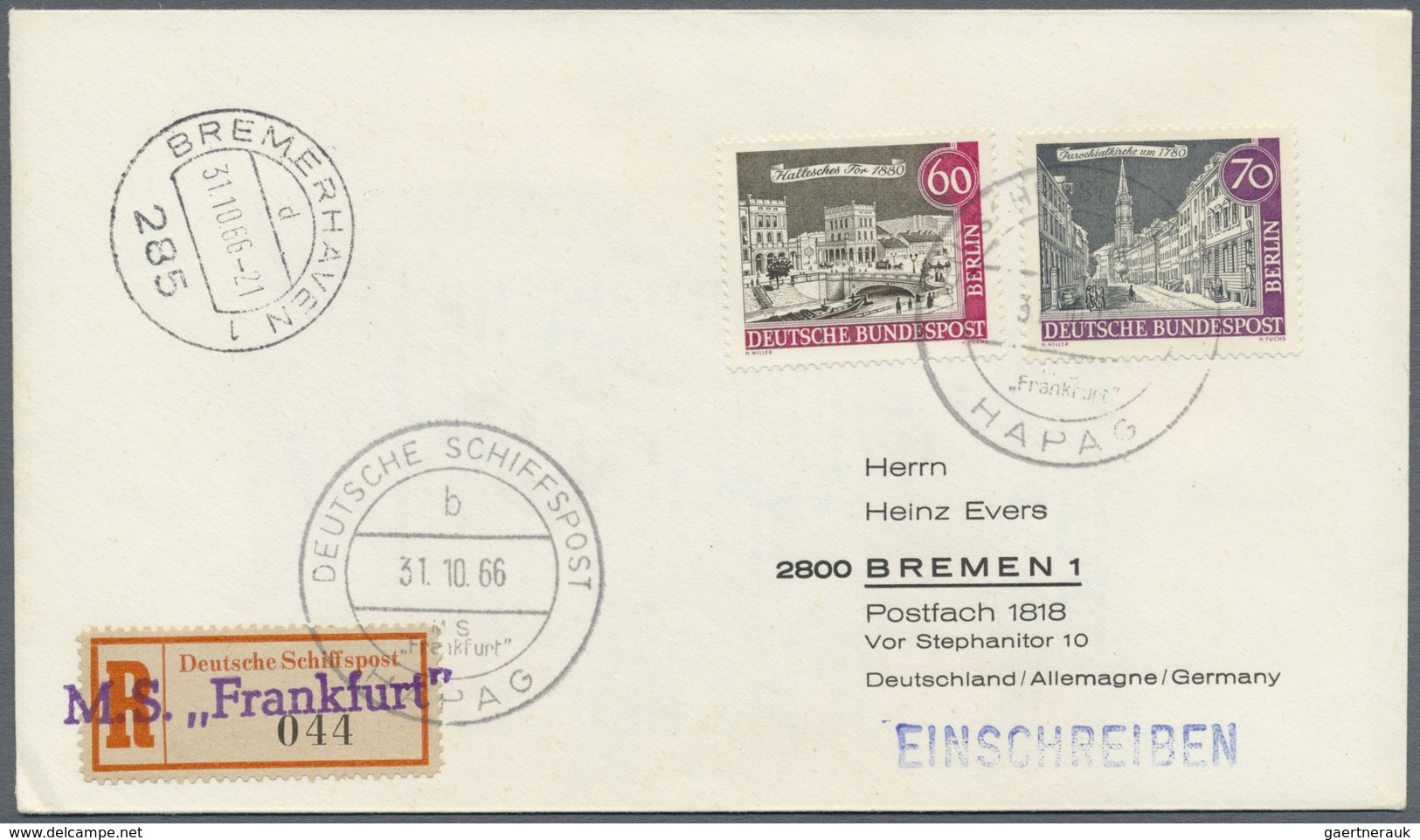 Br Schiffspost Deutschland: 1966: MS FRANKFURT HAPAG, 31.10.1966 Sauber Auf Einschreibbrief Mit Einlief - Lettres & Documents