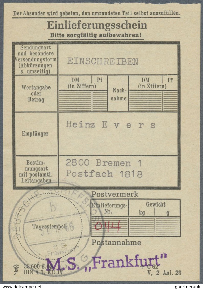 Br Schiffspost Deutschland: 1966: MS FRANKFURT HAPAG, 31.10.1966 Sauber Auf Einschreibbrief Mit Einlief - Lettres & Documents