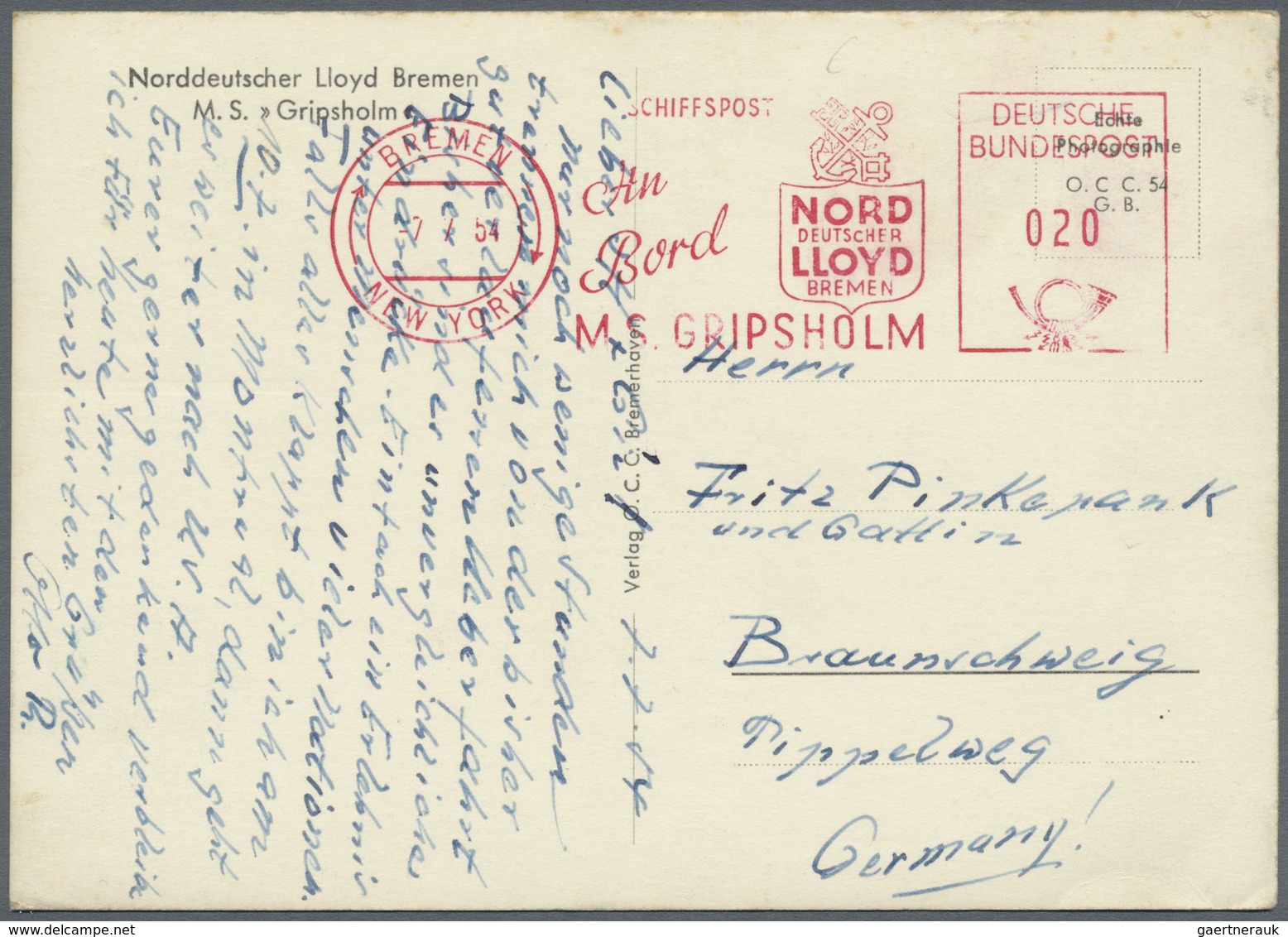 Schiffspost Deutschland: 1954: MS GRIPSHOLM Norddeutscher Lloyd Bremen -> New York, 07.07.1954, Abse - Brieven En Documenten