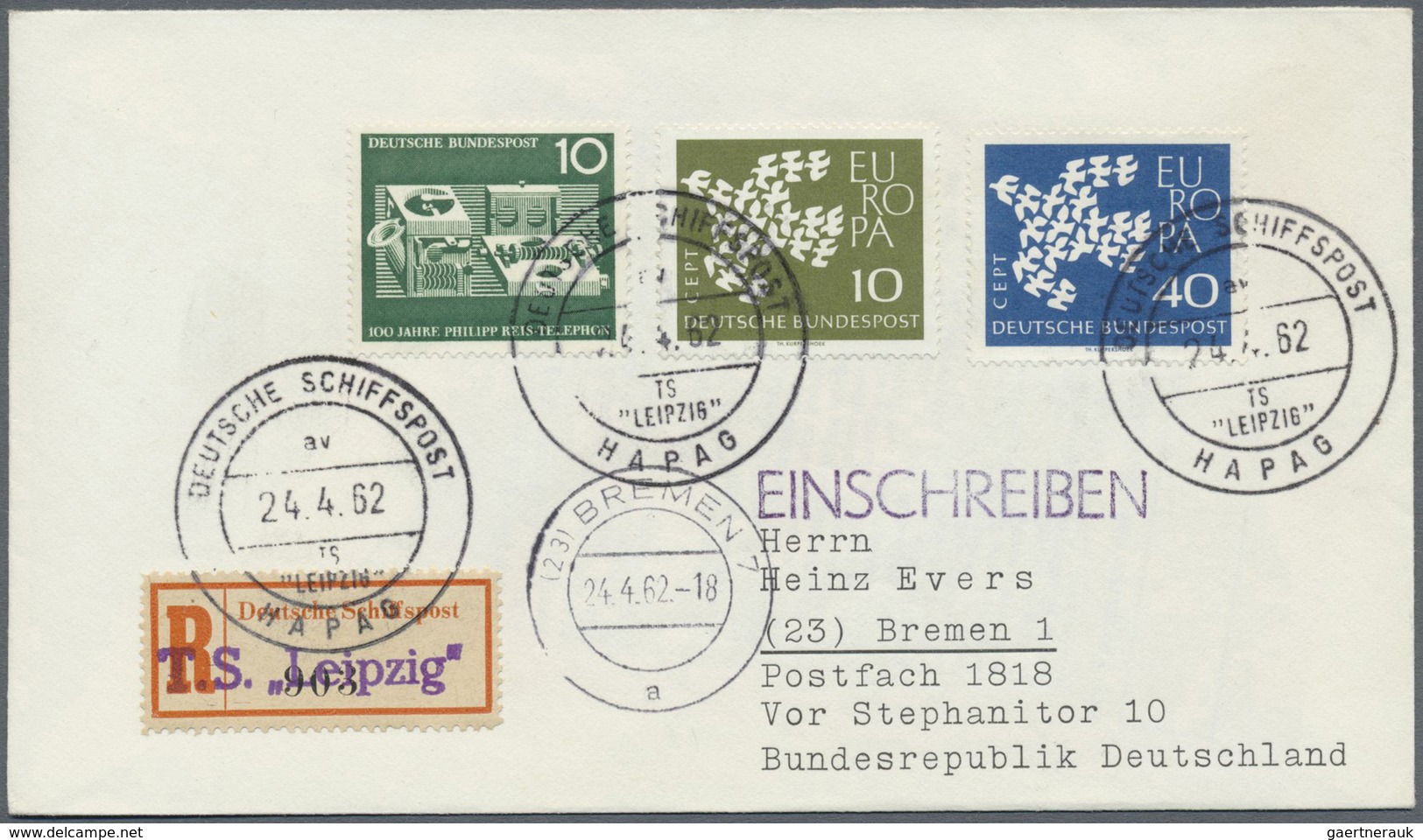 Br Schiffspost Deutschland: 1962: MS LEIPZIG HAPAG, 24.4.1962 Sauber Auf Einschreibbrief Mit Einlieferu - Brieven En Documenten