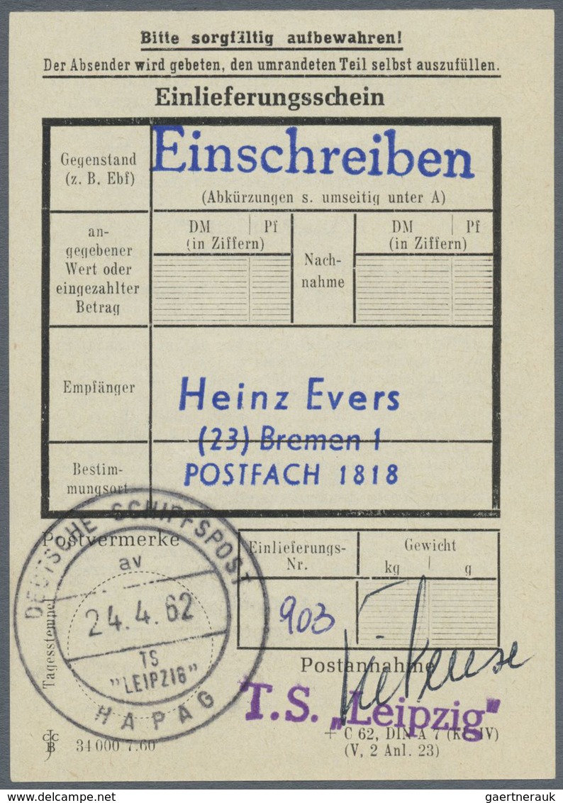 Br Schiffspost Deutschland: 1962: MS LEIPZIG HAPAG, 24.4.1962 Sauber Auf Einschreibbrief Mit Einlieferu - Lettres & Documents