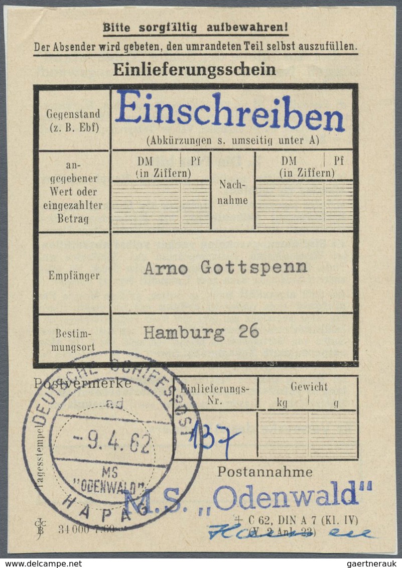 Br Schiffspost Deutschland: 1962: MS ODENWALD HAPAG, 9.4.1962 Sauber Auf Einschreibbrief Mit Einlieferu - Lettres & Documents