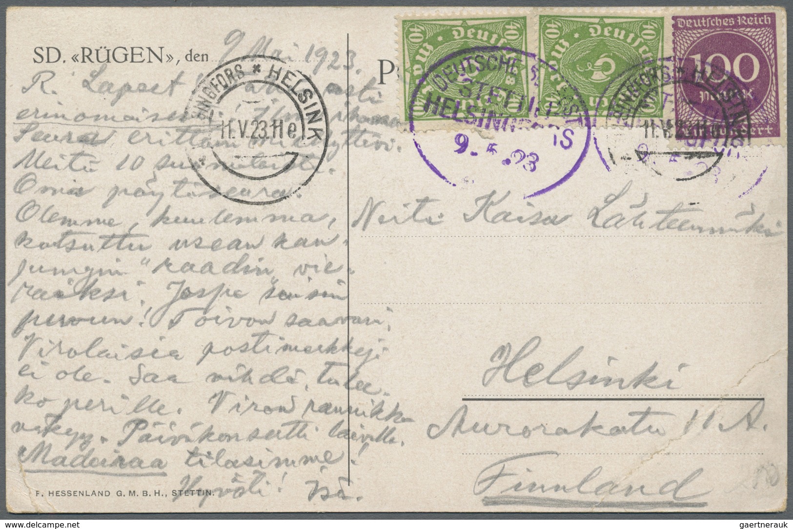 Br Schiffspost Deutschland: 1923, Ansichtskarte "S.D. RÜGEN" Frankatur Mit Seltenem Schiffspost-Oval DE - Lettres & Documents