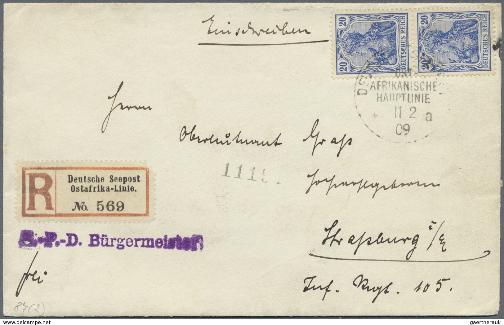 Br Deutsche Schiffspost Im Ausland - Seepost: 1909 "SEEPOST OST-AFRIKANISCHE HAUPTLINIE A 11.2.09" Auf - Andere & Zonder Classificatie