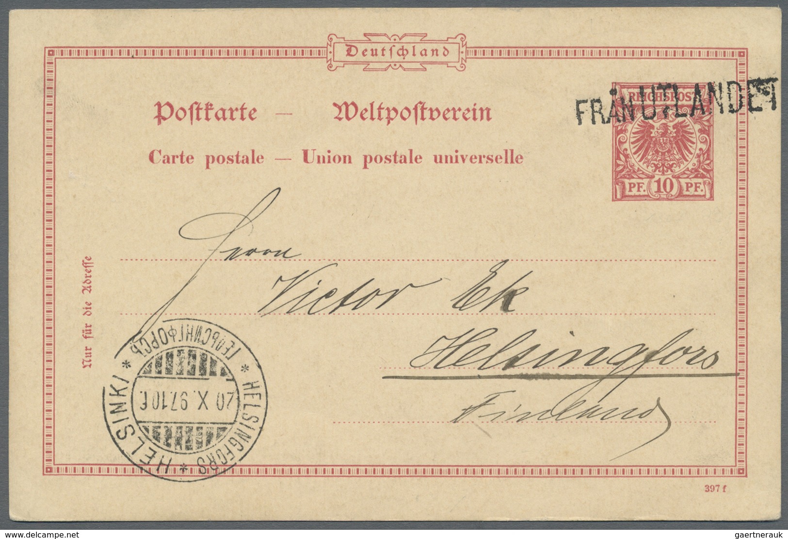 GA Schiffspost Alle Welt: 1897, "FRAN UTLANDET", Sehr Klar Auf Deutsches Reich 10 Pfg. Ganzsachenkarte - Autres & Non Classés