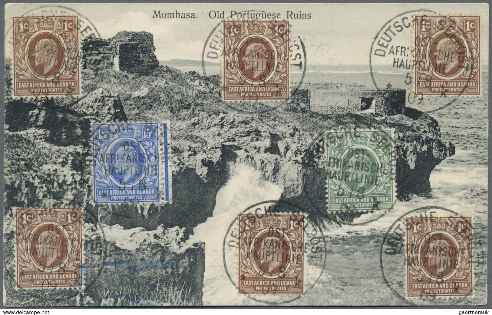 Br Schiffspost Alle Welt: 1909 "East Africa & Uganda" 6x 1 C., 1x 3 C. U. 1x 15 C. Je Mit Seepoststempe - Autres & Non Classés