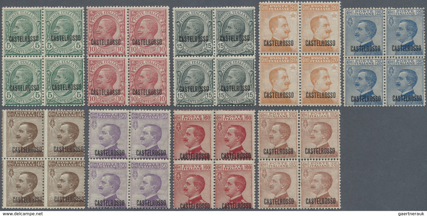 **/ Ägäische Inseln - Kastellorizo: 1922, 5c. To 85c., Complete Set Of Nine Values As Blocks Of Four, Fe - Castelrosso