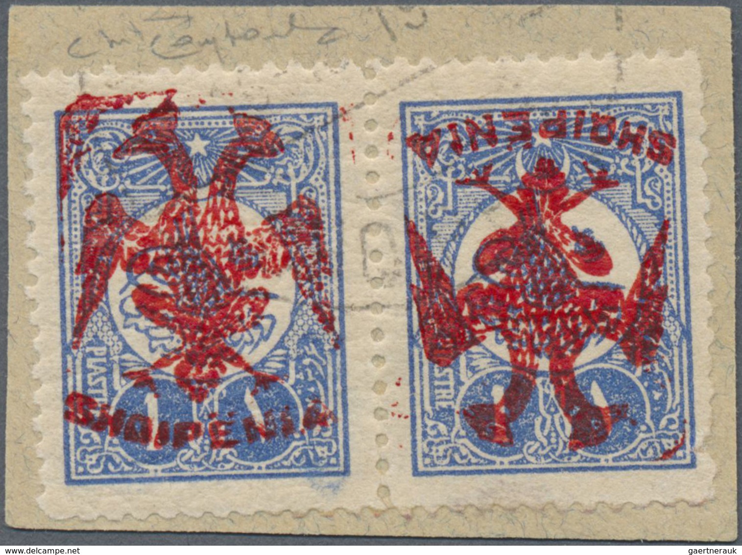 Brfst Albanien: Albania, 1913, 1 Piaster Blue Of Turkey Pair With RED (instead Of Normal Black) Handstamp - Albanië