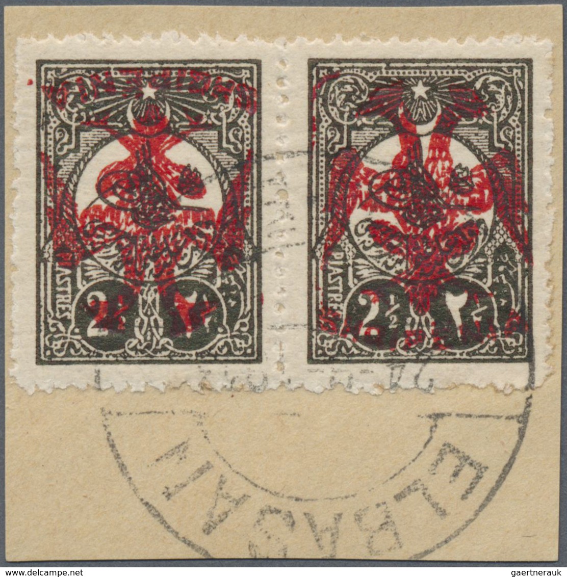 Brfst Albanien: Albania, 1913, 2 1/2 Piaster Dark Brown Of Turkey Pair With RED (instead Of Normal Black) - Albanie