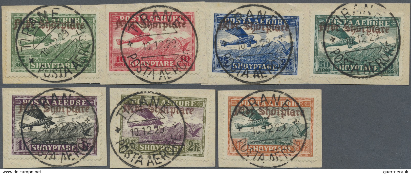 Brfst Albanien: 1929, 5 Q. To 3 Fr., Compl. Overprint Set (7 Issues) Canceled On Pieces, The Fr. Values Si - Albanië