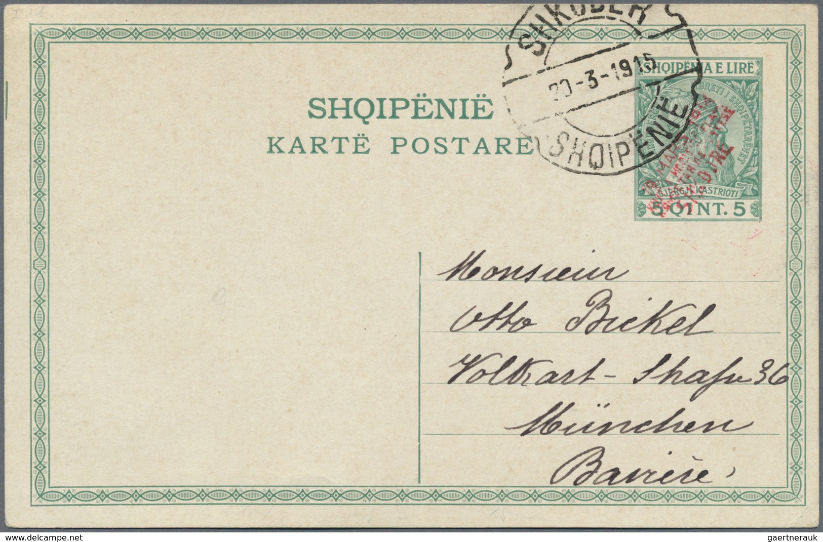 GA Albanien - Lokalausgaben: 1915, SKUTARI: 5 Q. Green Postal Stationery Card With 4-line Ovp "19.MARS - Albanie