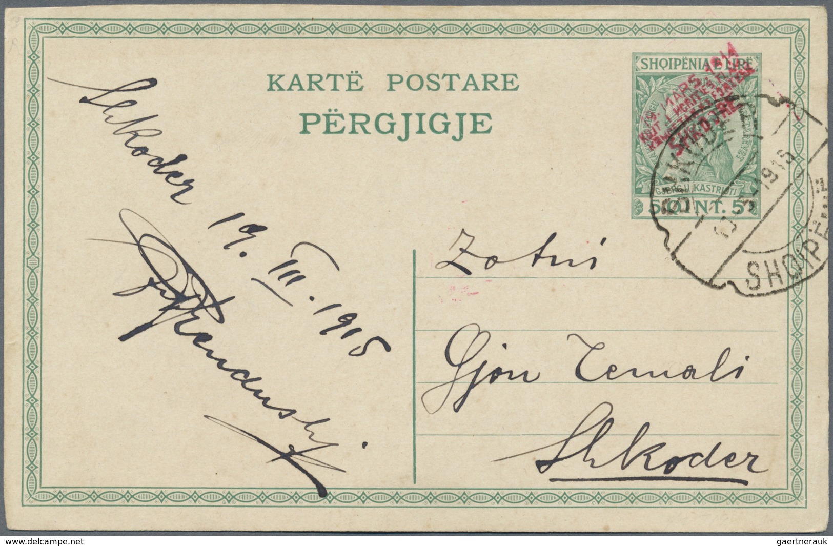 GA Albanien - Lokalausgaben: 1915, SKUTARI: 5 Q. Green Postal Stationery Reply Card Answer Part With 4- - Albanie