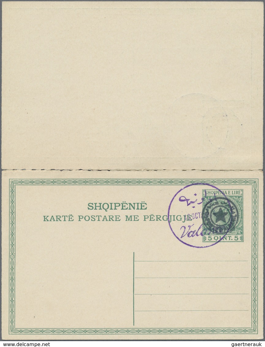 GA Albanien - Lokalausgaben: 1914, VALONA: 5 Q. Green Postal Stationery Reply Card, Answer And Question - Albanien