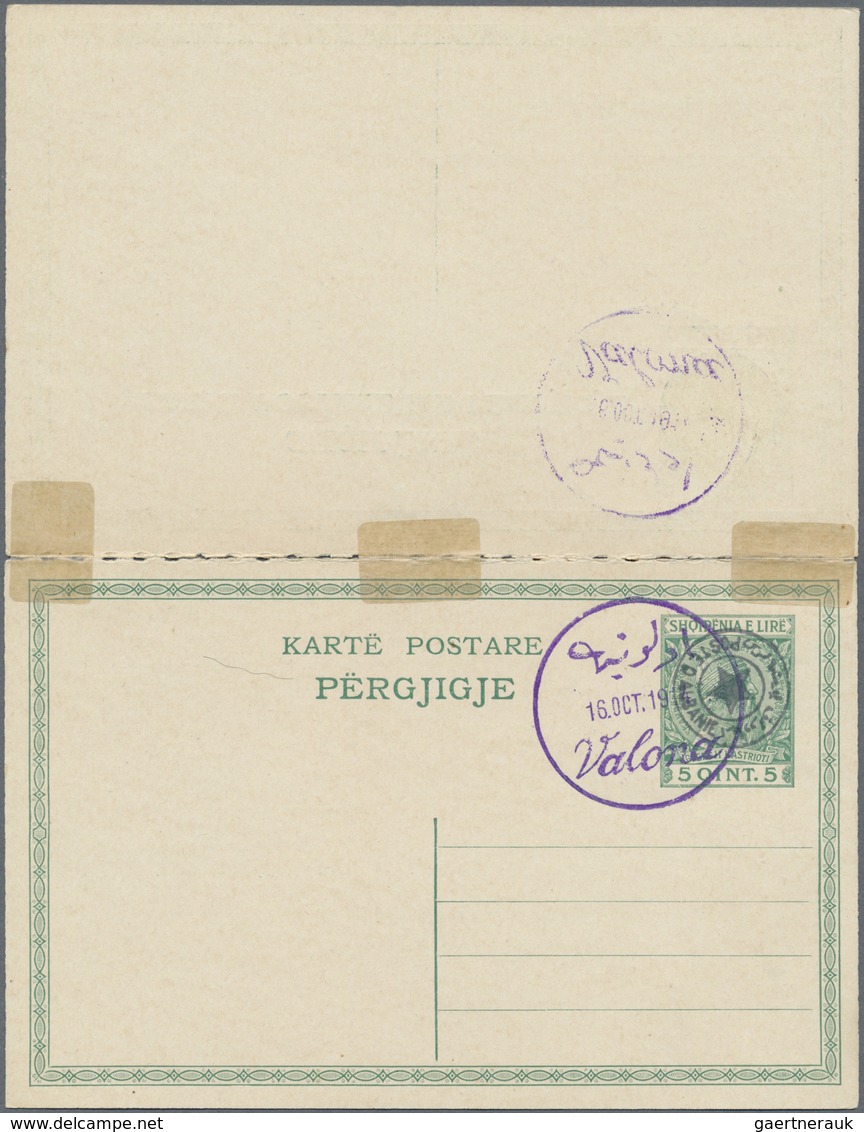 GA Albanien - Lokalausgaben: 1914, VALONA: 5 Q. Green Postal Stationery Reply Card, Answer And Question - Albanië