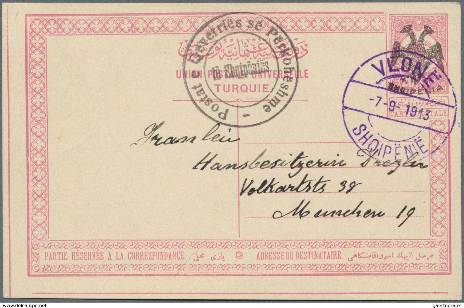 GA Albanien - Ganzsachen: 1913, 20 Pa Red On Buff Postal Stationery Card With Black Ovp SHQIPENIA And E - Albanie