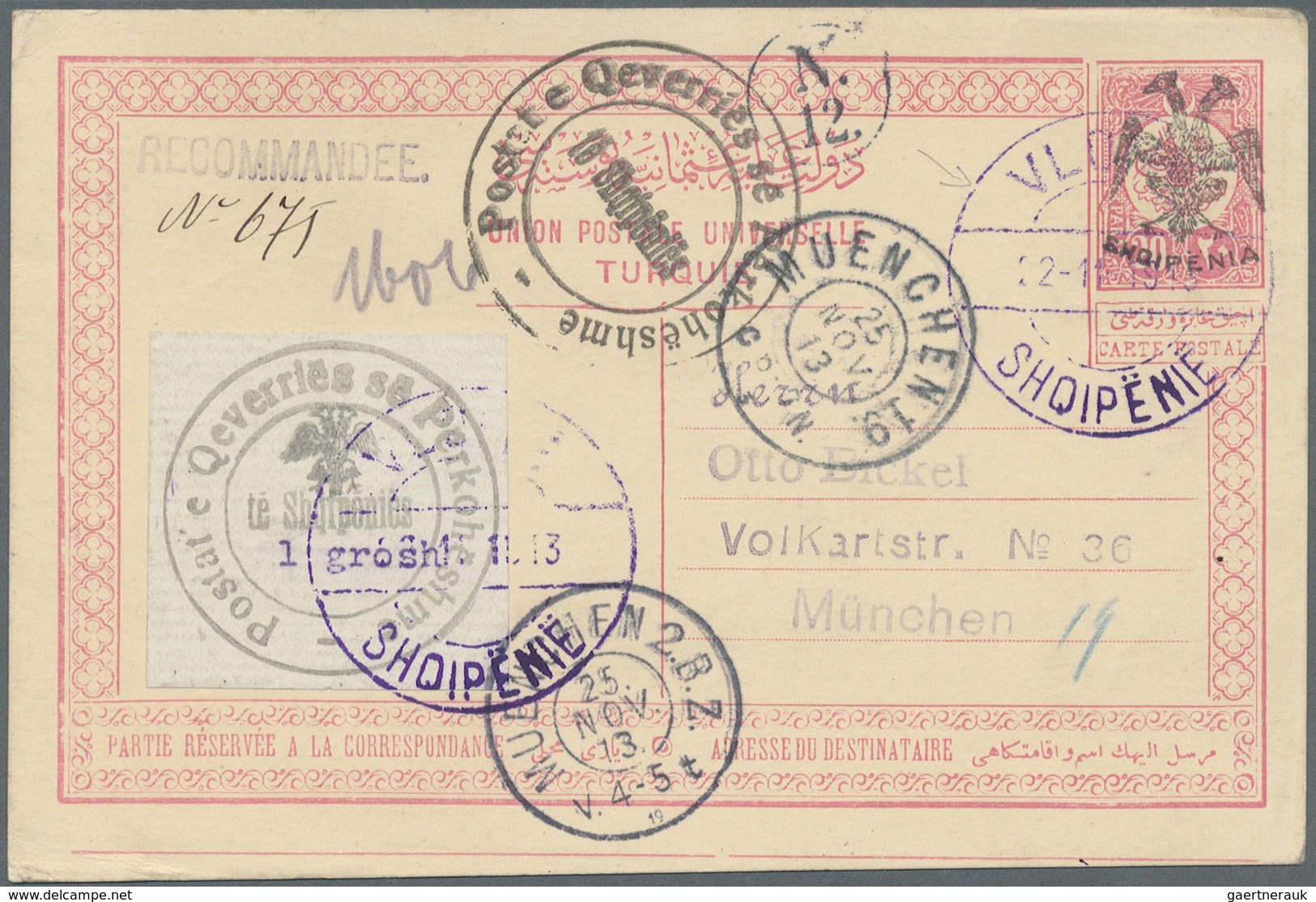 GA Albanien - Ganzsachen: 1913, Postal Stationery Card 20pa Red (black Handstamp) Additionally With 1gr - Albania