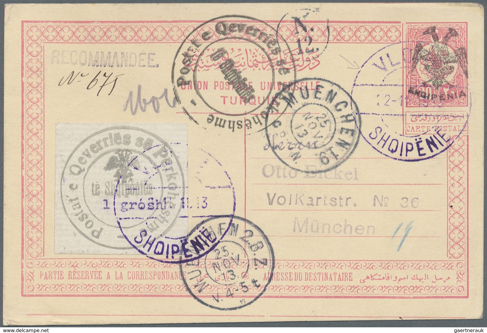 GA Albanien - Ganzsachen: 1913, Postal Stationery Card 20pa Red (black Handstamp) Additionally With 1gr - Albanië