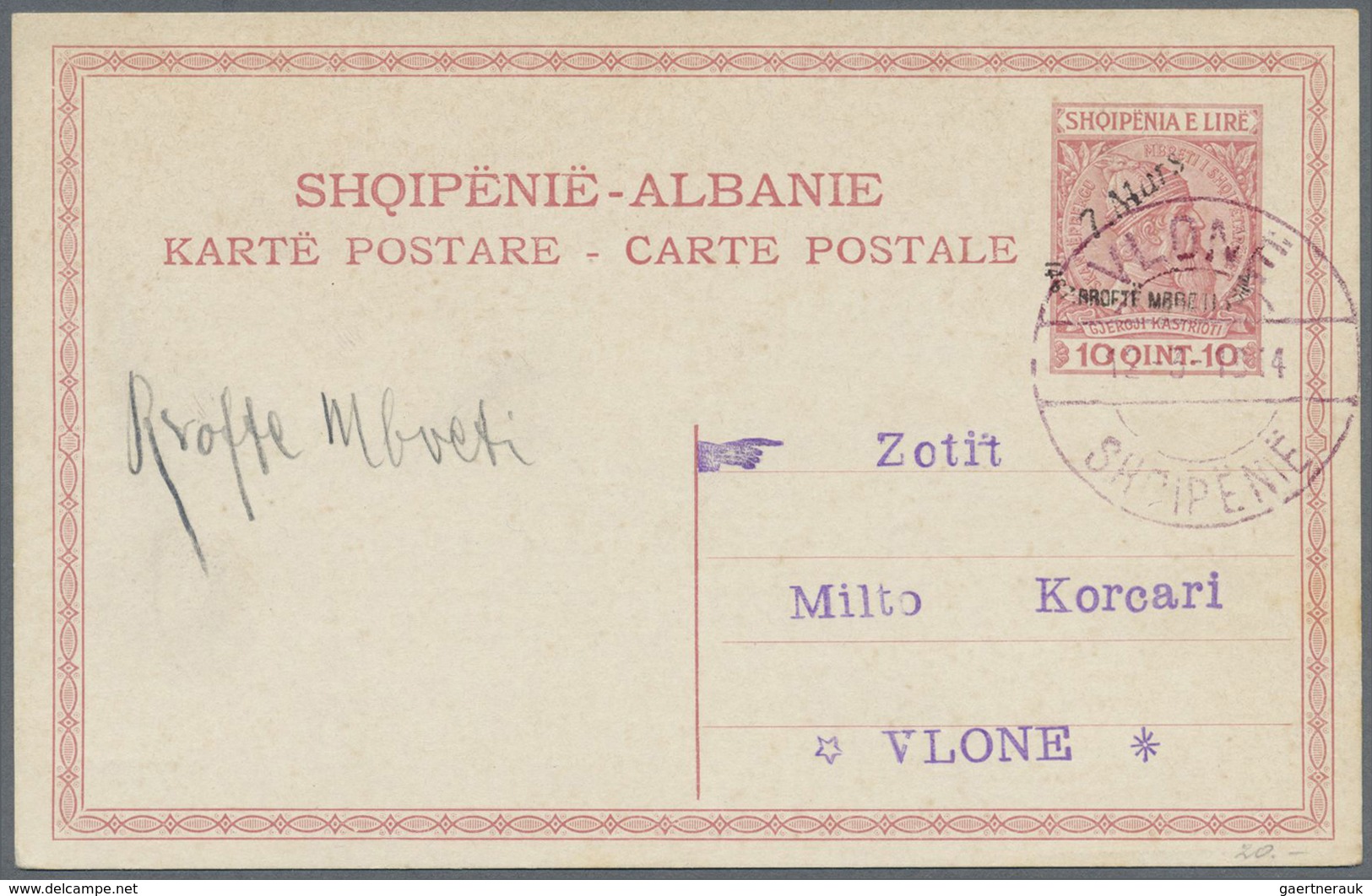 GA Albanien - Ganzsachen: 1914, "7.Mars" Handstamp On 5q. Green And On 10q. Red, Two Used Cards "VLONE - Albanie