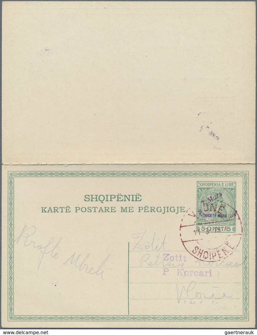 GA Albanien - Ganzsachen: 1914, 5 / 5 Q. Green Postal Stationery Reply Card With Attached Reply Part, O - Albanie