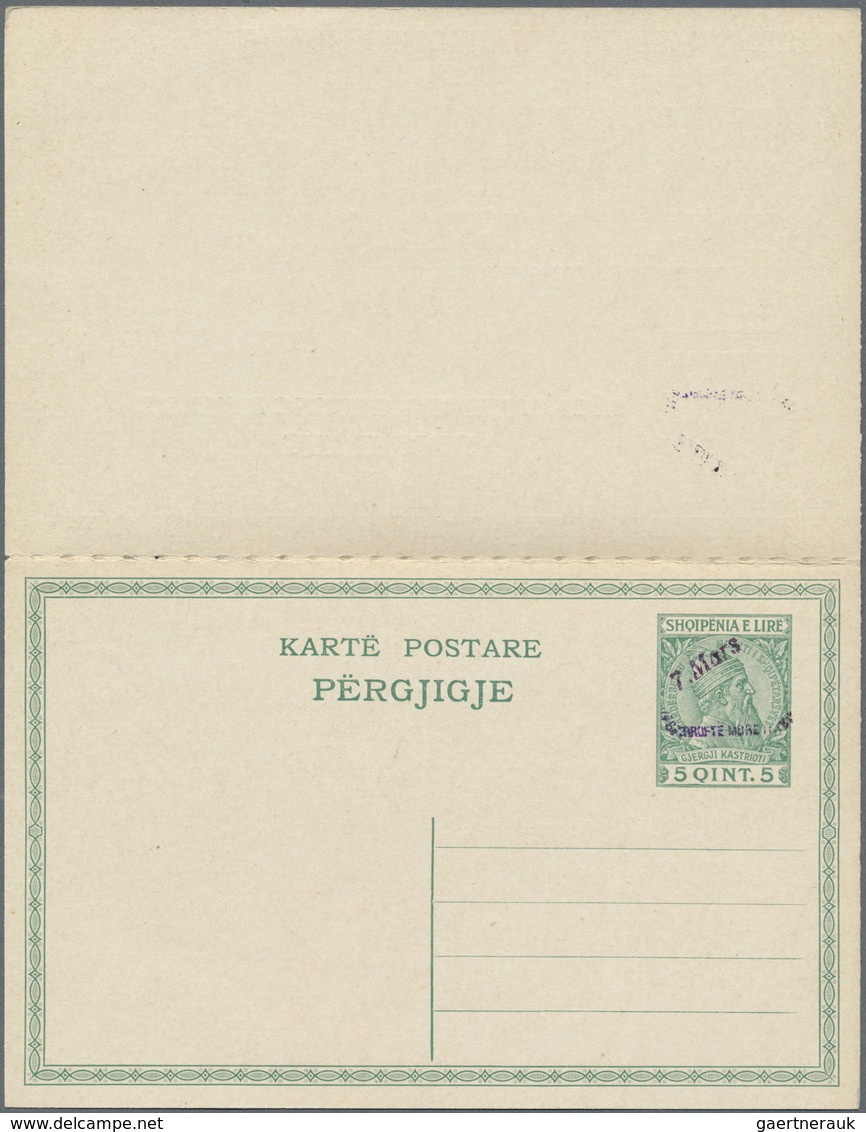 GA Albanien - Ganzsachen: 1914, 5 / 5 Q. Green Postal Stationery Reply Card With Attached Reply Part, O - Albanie