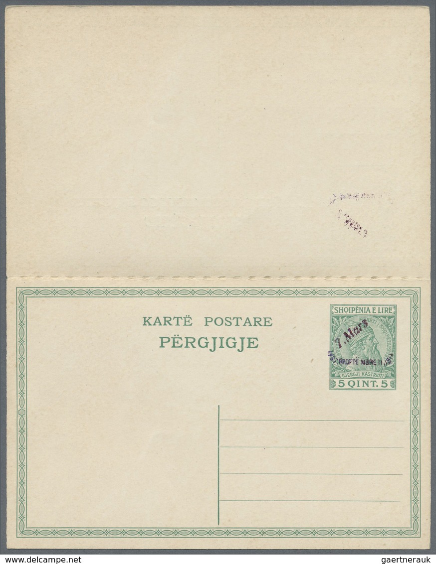 GA Albanien - Ganzsachen: 1914, "7.Mars" Handstamp On Complete Double Cards 5q. + 5q. Green And On 10q. - Albanie