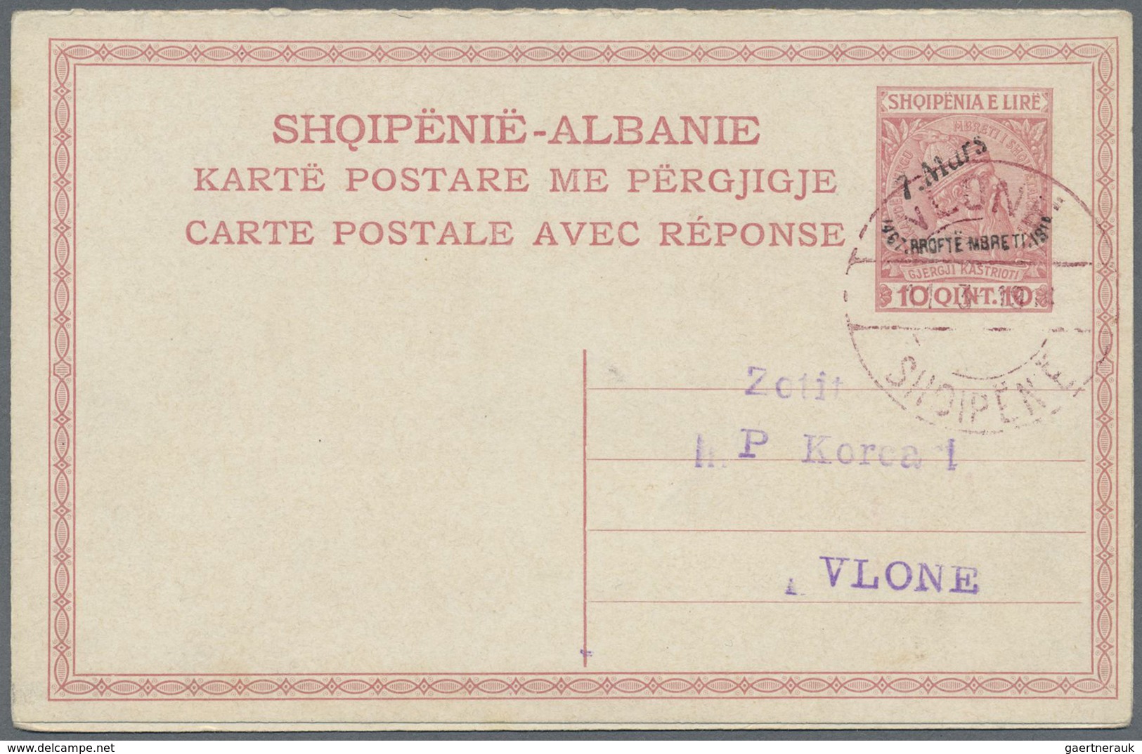 GA Albanien - Ganzsachen: 1914, "7.Mars" Handstamp On Complete Double Cards 5q. + 5q. Green And On 10q. - Albanie