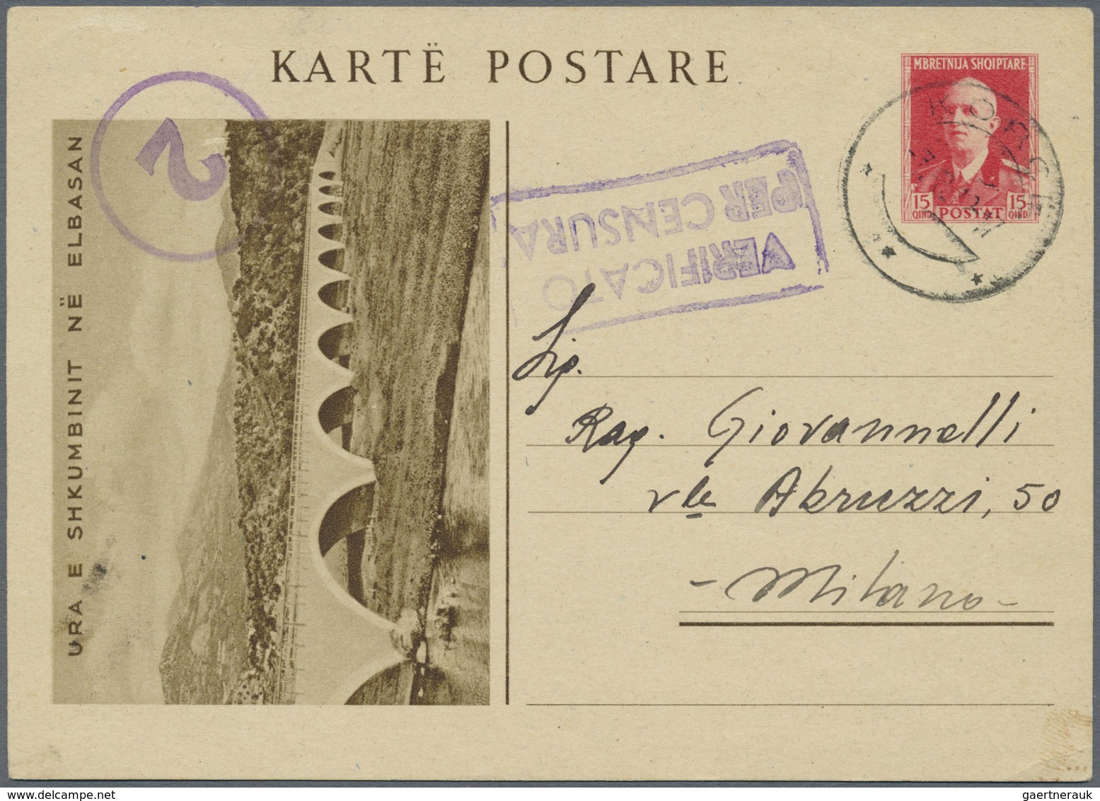 GA Albanien - Ganzsachen: 1942, 15 Q Red Postal Stationery Picture Postcard (Ura E Shkumbinit) From Kon - Albanie