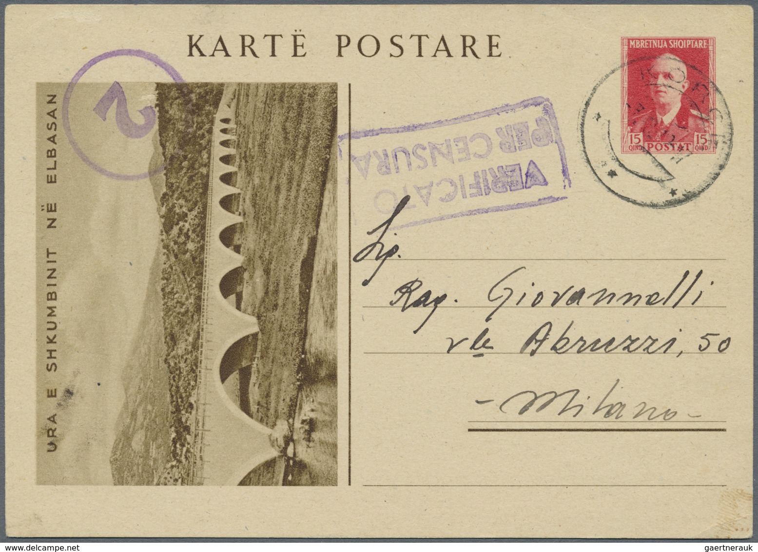 GA Albanien - Ganzsachen: 1942, 15 Q Red Postal Stationery Picture Postcard (Ura E Shkumbinit) From Kon - Albanië