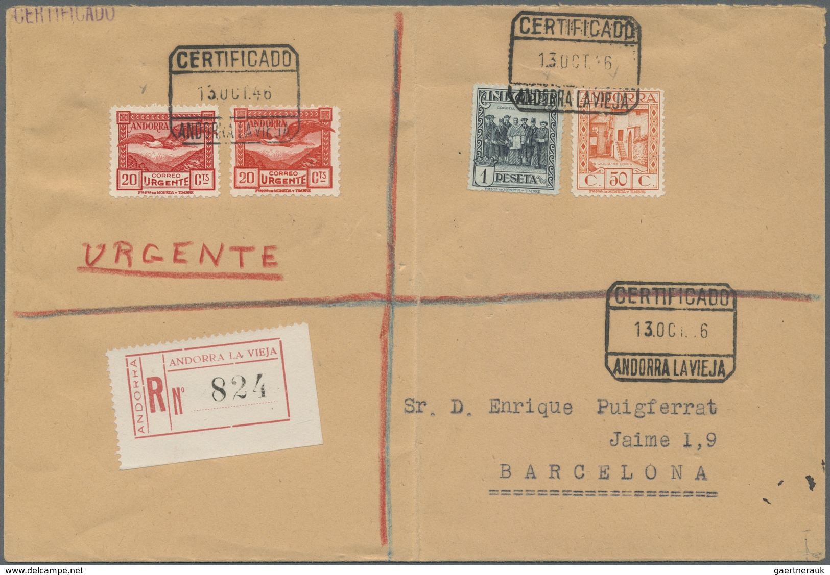 Br Andorra - Spanische Post: 1946, 50 C And 1 Pta, As Well As 2 X 20 C URGENT (with And Without Control - Autres & Non Classés