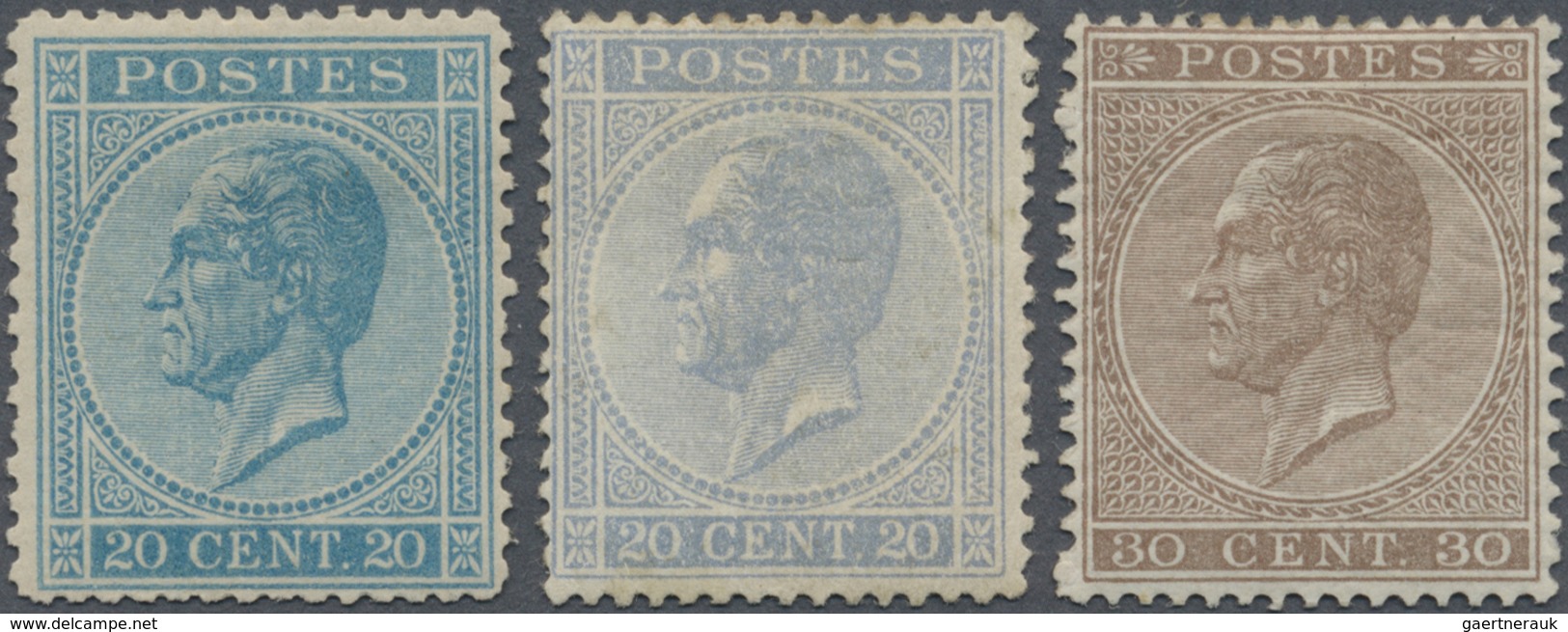 * Belgien: 1865/1866, Definitives Leopold I, 20c. Light Blue Perf. 14½, 20c. Ultramarine Perf. 15, 30c - Other & Unclassified