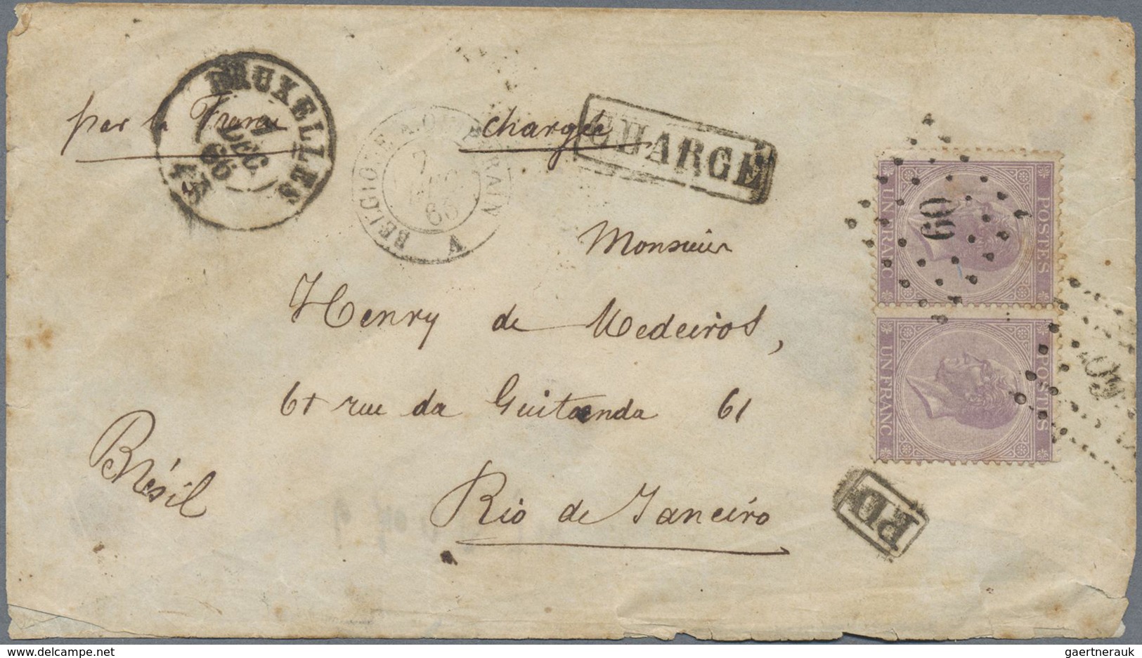 Br Belgien: 1865, 1 Fr Bright Violet, Horizontal Pair, Tied By Numeral Cancel "60", Multiple Franking O - Other & Unclassified