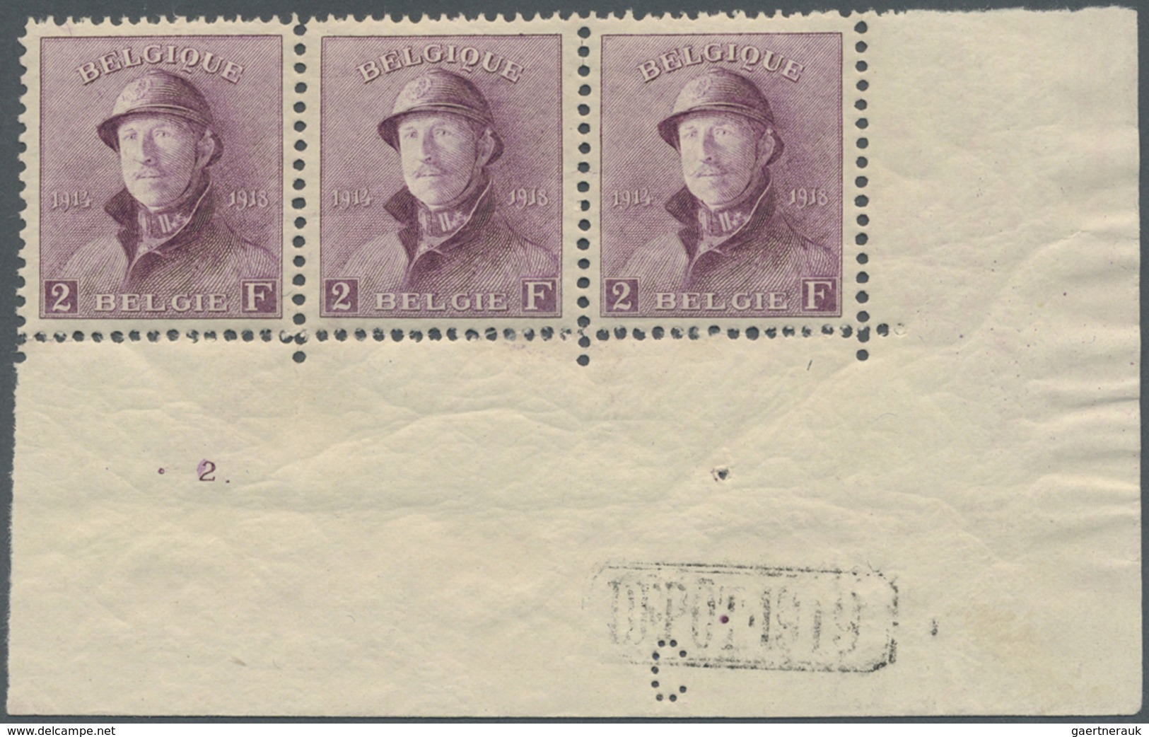 ** Belgien: 1919/1920, King Albert I With Helmet, 2 Fr. Lilac Mnh Strip Of Three From Lower Right Corne - Andere & Zonder Classificatie