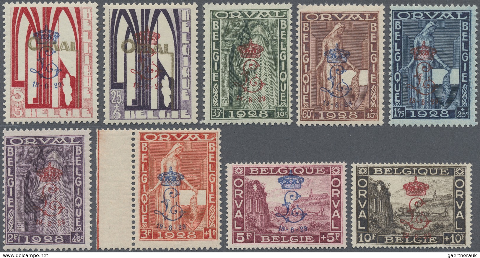 ** Belgien: 1929, Grundsteinlegung Abtei Orval, 5 C. Bis 10 Fr. Komplett Mit Aufdruck "L" Und Krone, Po - Autres & Non Classés