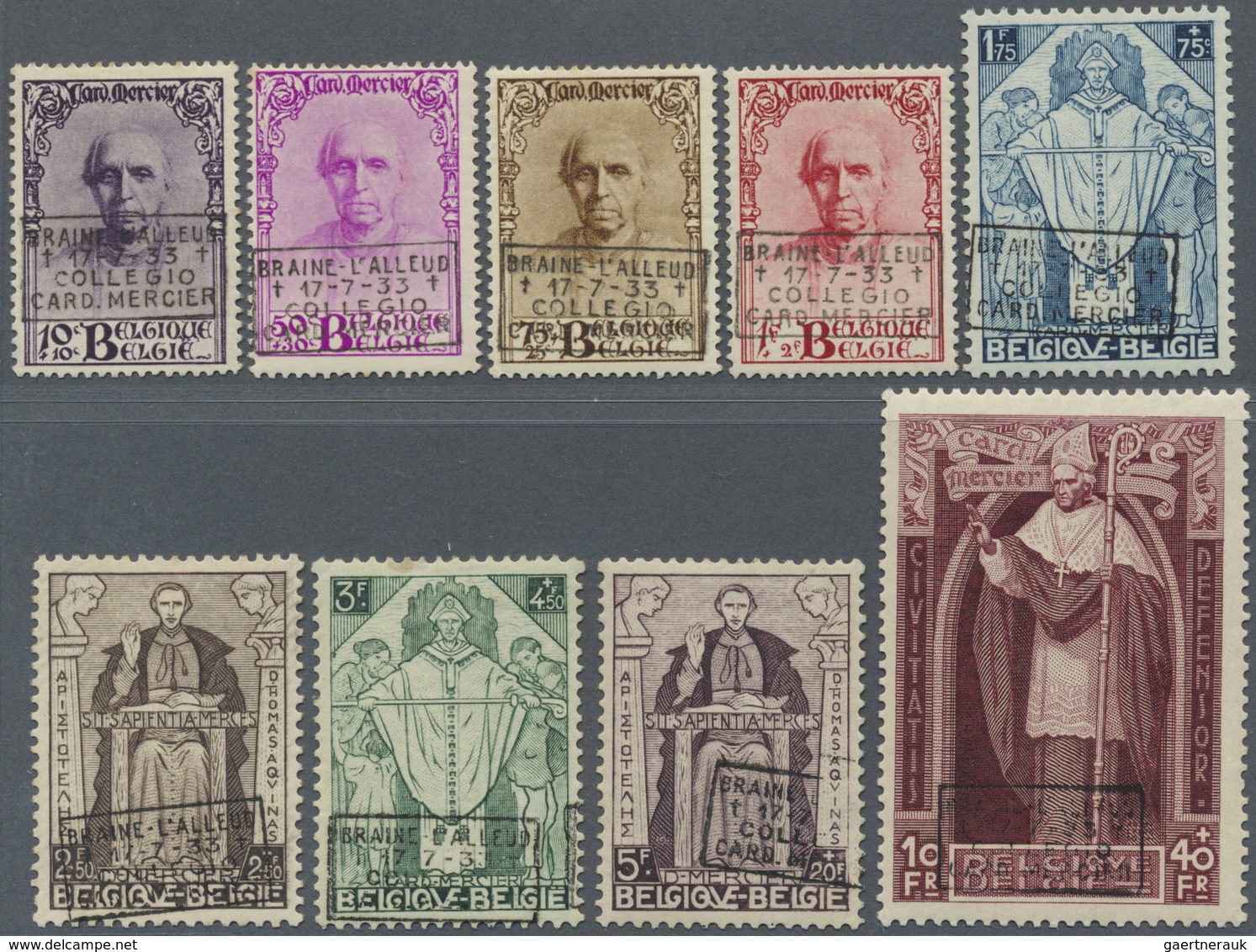 * Belgien: 1932, Cardinal Mercier 10 C. To 10 Fr. With Hand Stamp Overprint (special Cancellation Of T - Andere & Zonder Classificatie