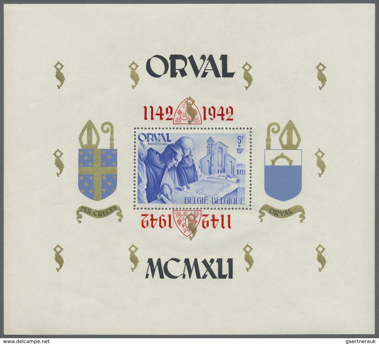 ** Belgien: 1941, Rebuilding Abtei Orval, Souvenir Sheet 5+10 Fr. With Inverted Overprint In Blue And R - Autres & Non Classés