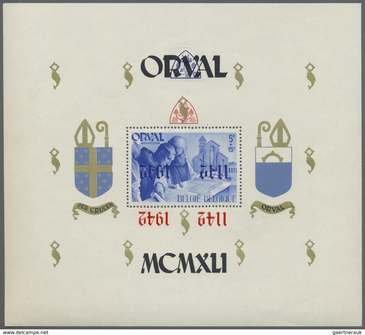 ** Belgien: 1941, Rebuilding Abtei Orval, Souvenir Sheet 5+10 Fr. With Inverted Overprint In Blue And R - Other & Unclassified