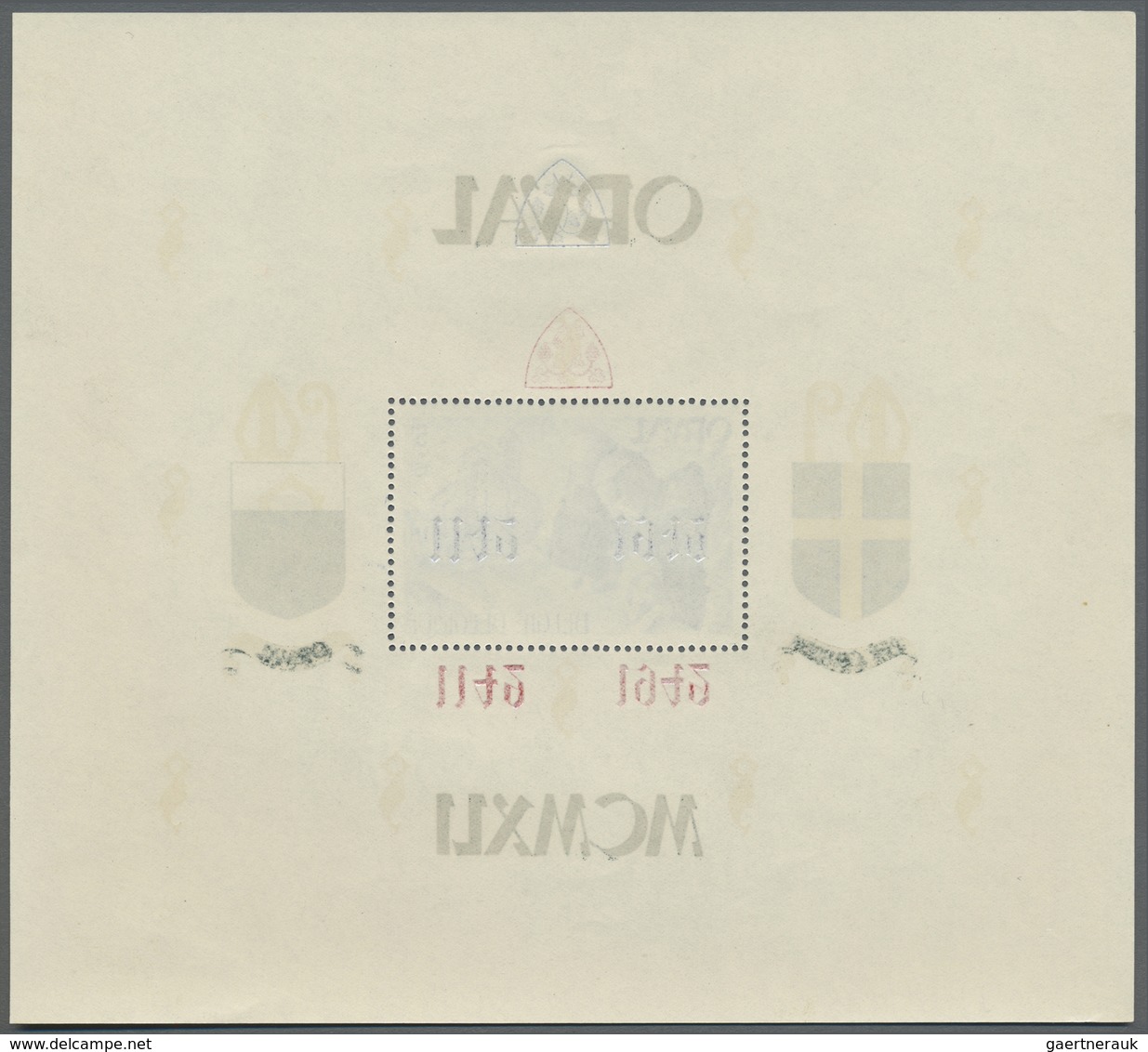 ** Belgien: 1941, Rebuilding Abtei Orval, Souvenir Sheet 5+10 Fr. With Inverted Overprint In Blue And R - Autres & Non Classés