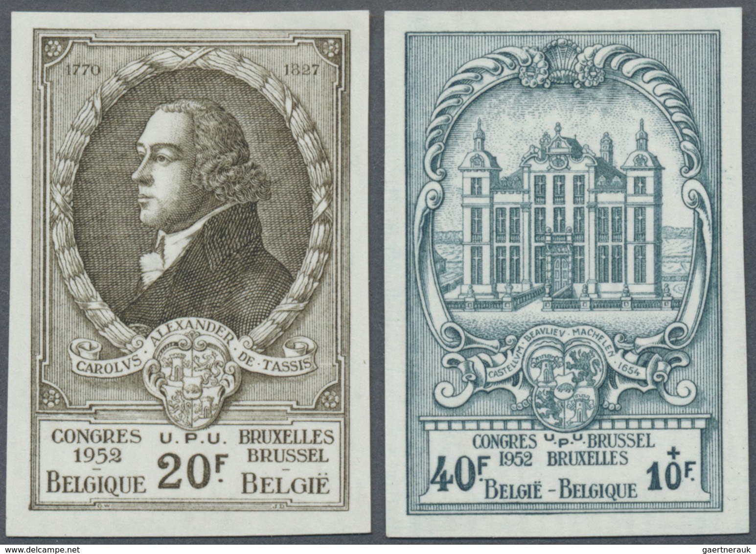 (*) Belgien: 1952, World Postal Congress Brussels, Imperforate Original Pieces, Unused Without Gum, Luxu - Autres & Non Classés