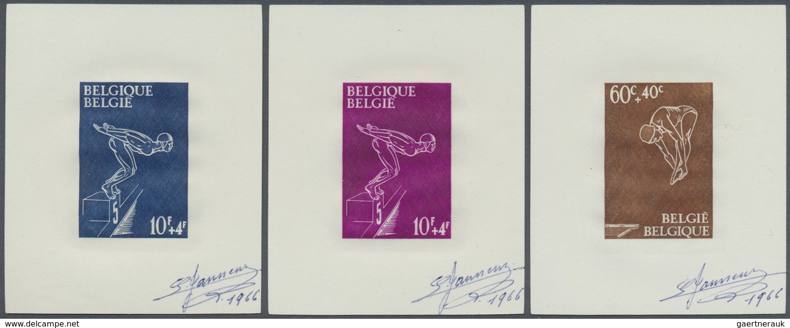 (*) Belgien: 1966, Three Proofs "Swimming Sport" On Paper Without Gum, Signed By The Designer - Other & Unclassified