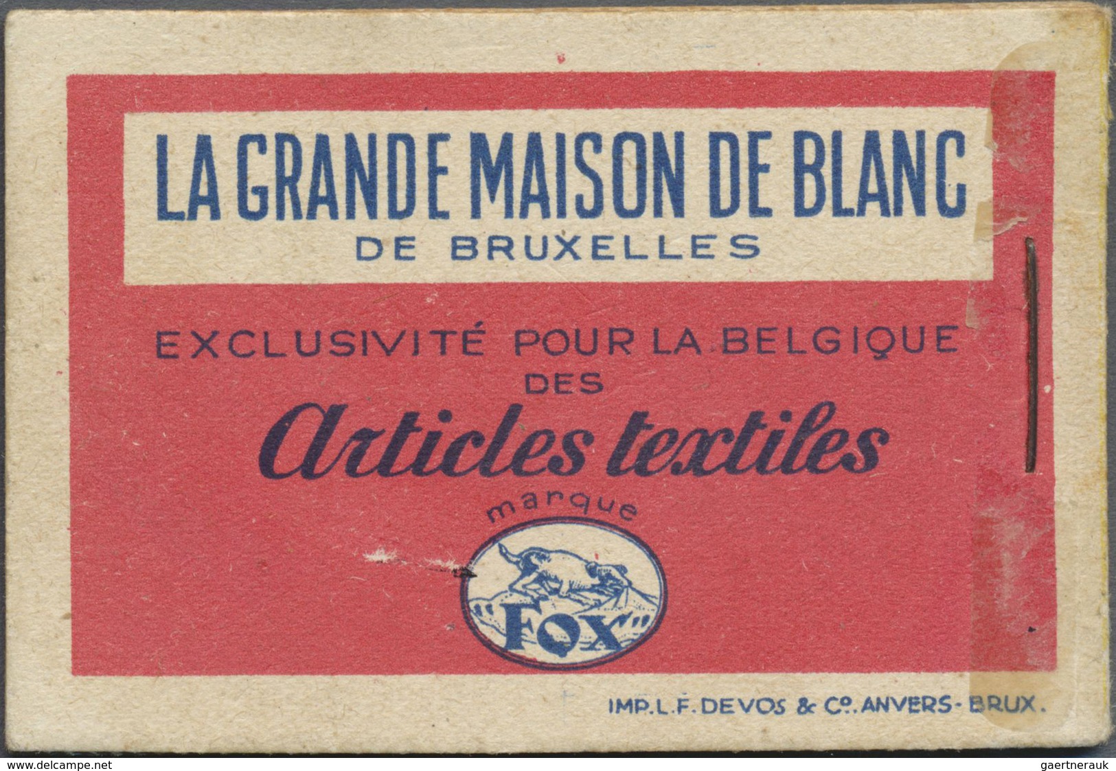 ** Belgien - Markenheftchen: 1932, FYFFES/LA GRANDE MAISON DE BLANC, 3.50fr. Booklet Complete, Cover So - Zonder Classificatie