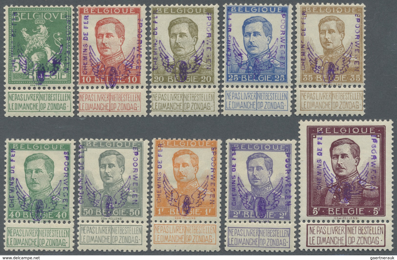 * Belgien - Eisenbahnpaketmarken: 1915, Winged Wheel Overprints, 5c. To 5fr., Set Of Ten Values, Fresh - Reisgoedzegels [BA]