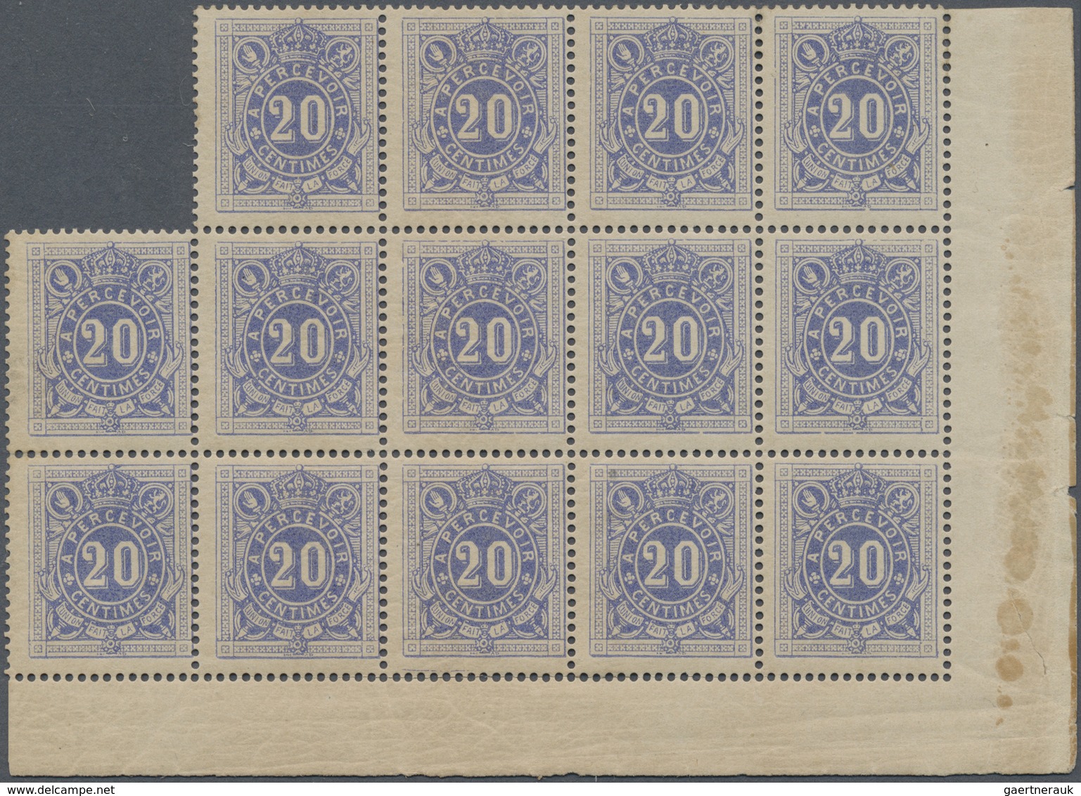 ** Belgien - Portomarken: 1870, 20 Cent. Never Hinged Margin Block Of Fourteen From The Lower Right Han - Lettres & Documents