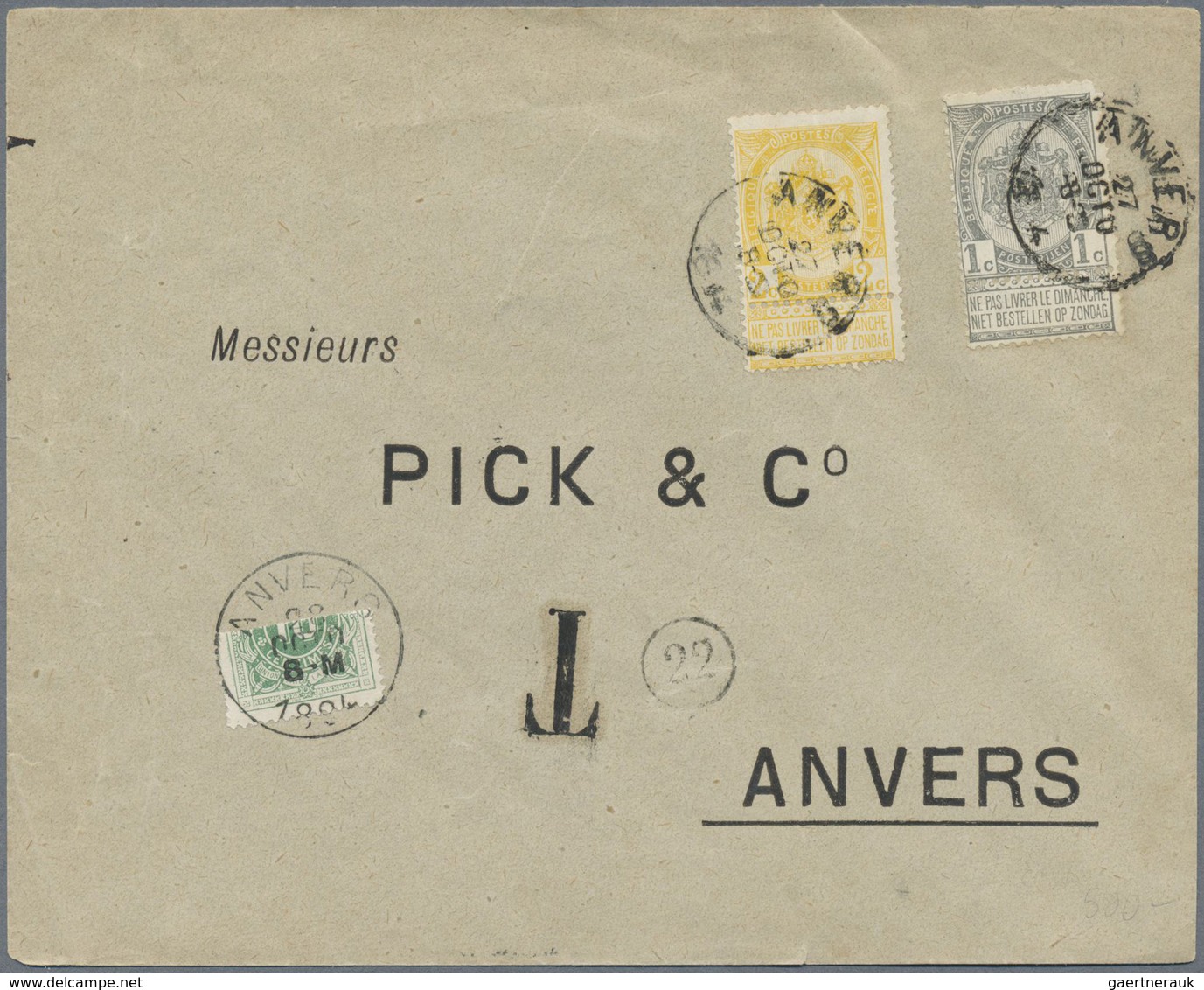 Br Belgien - Portomarken: 1894, Bisected Due-stamp 10 C Green On Envelope Bearing 1 C Grey And 2 C Yell - Lettres & Documents